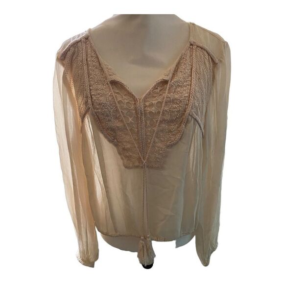 Sundance | Cream Sheer Pink Embroidered Long Sleeve Gauze Shirt | M - Picture 1 of 9